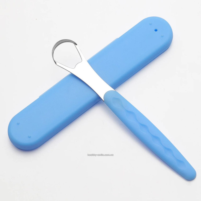 Tongue scraper, double-sided, metal, in case, Light Blue